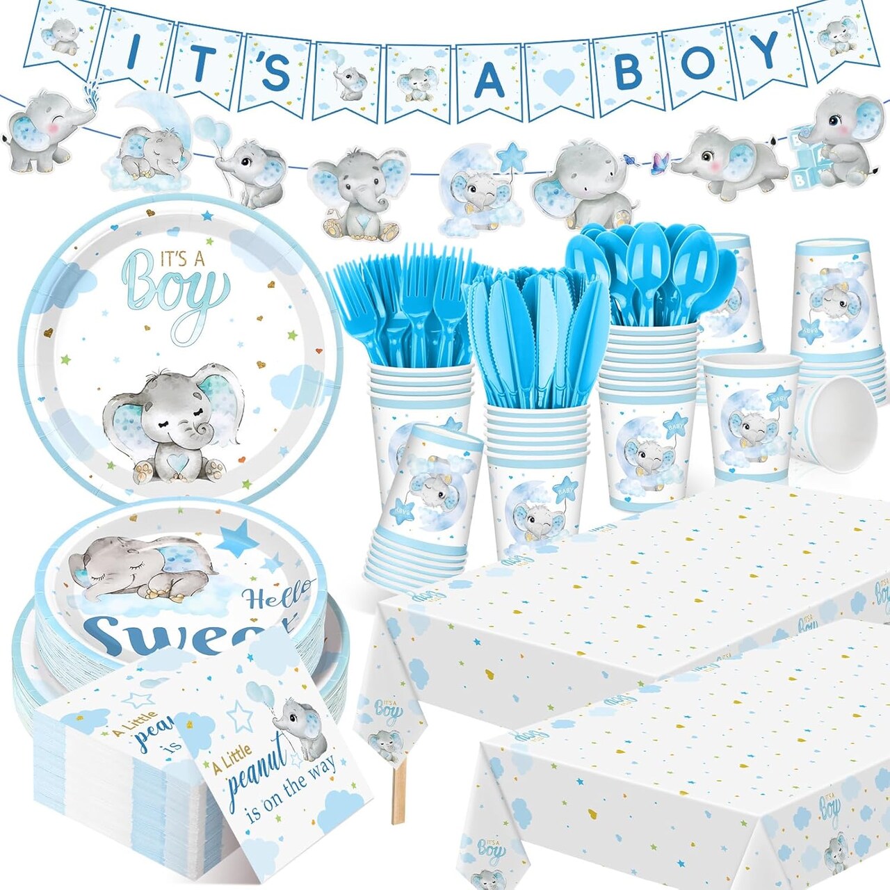 405 Pcs Baby Shower Tableware & Decor Set - Serves 50 Guests (Blue, Elephant)